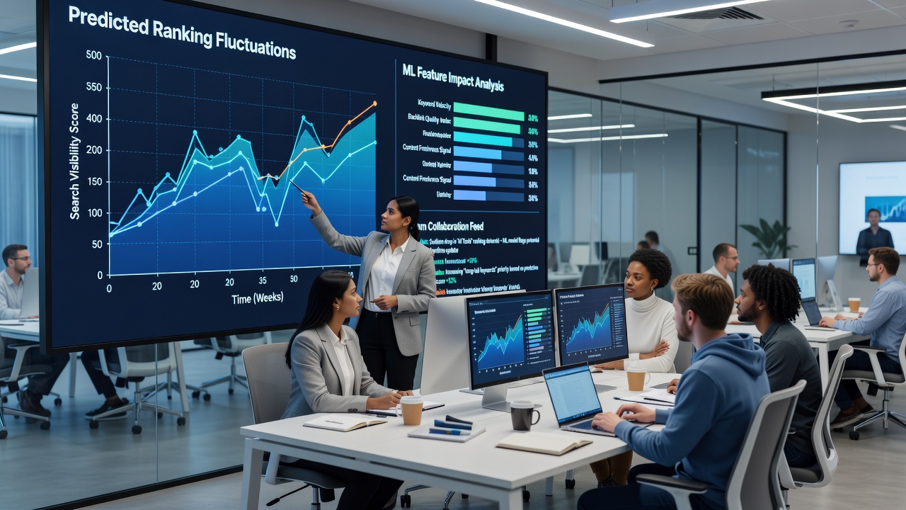 Team members reviewing machine learning forecast graphs for keyword ranking stability