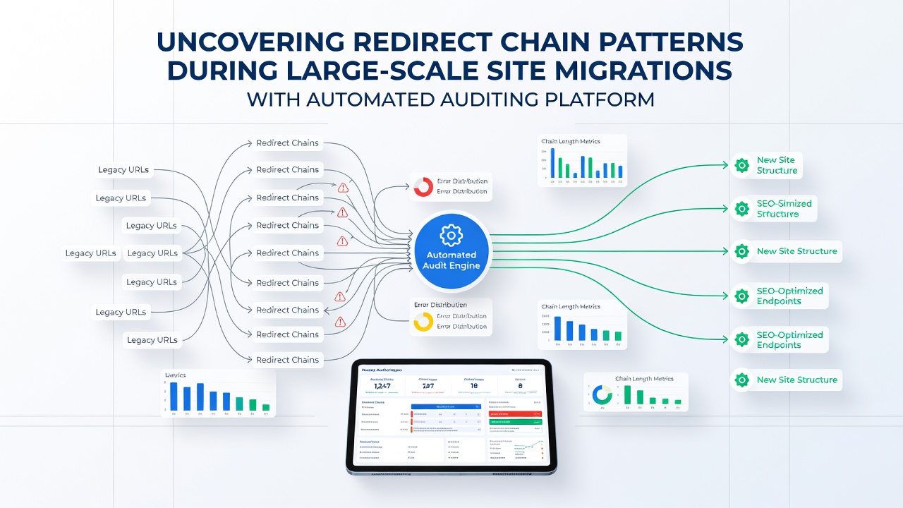 Visualization of redirect chain patterns detected across a migrated enterprise website